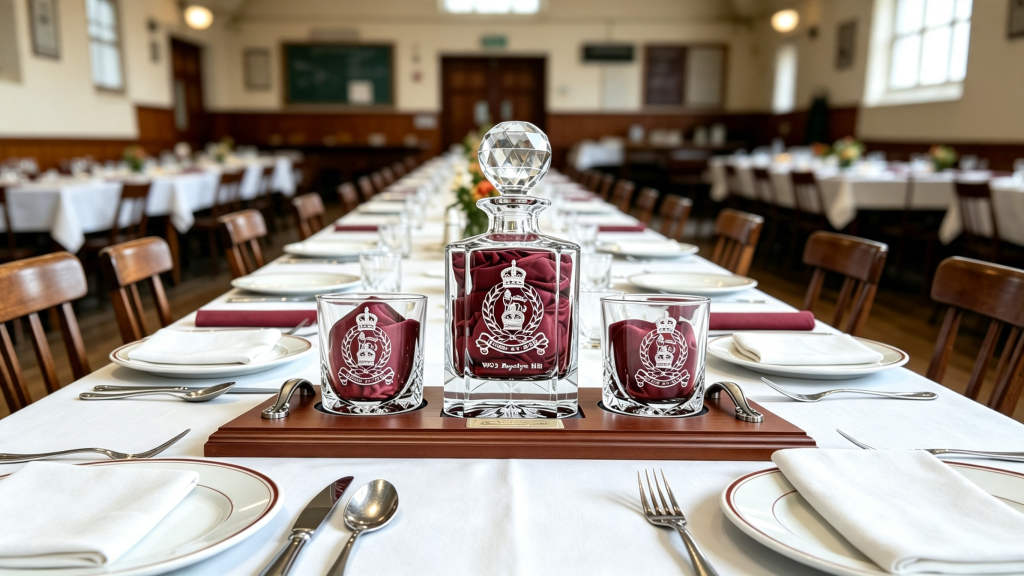 Crystal Decanter With Engraved Agc Badge With Two Glasses